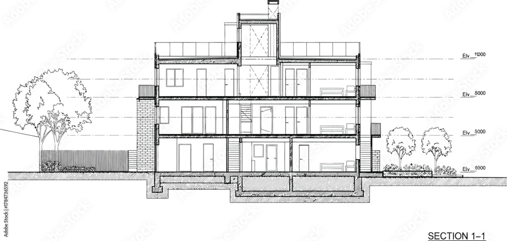 Fototapeta premium Architectural drawing of a modern multi story residential house section showing interior layout and exterior details