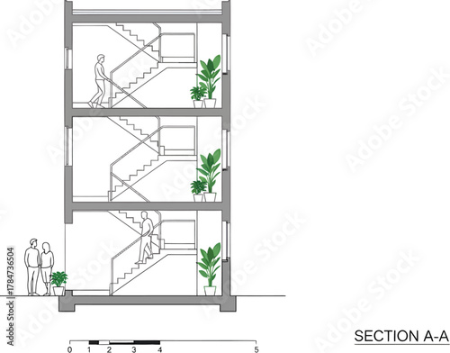 Architectural drawing of a multi level residential building with balconies and green plants