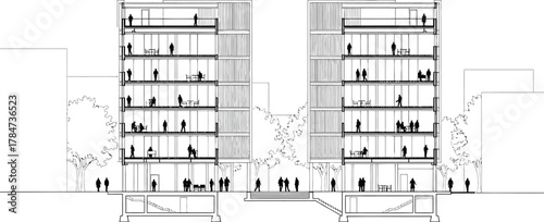 Architectural cross section drawing of a modern office building with people visible inside on multiple floors