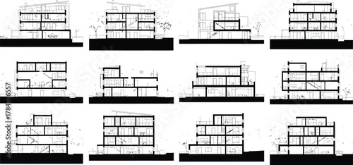 Architectural study of modular building sections and floor plans showing various spatial configurations and layouts