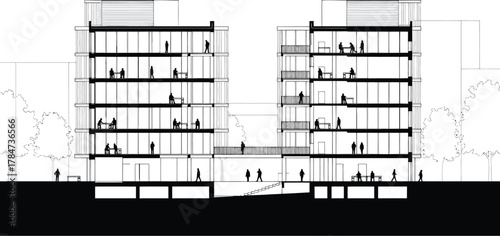 Architectural cross section drawing of a modern multi story building with people inside