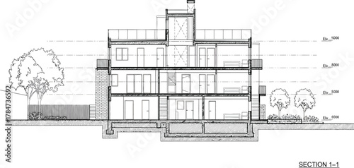 Architectural drawing of a modern multi story residential house section showing interior layout and exterior details