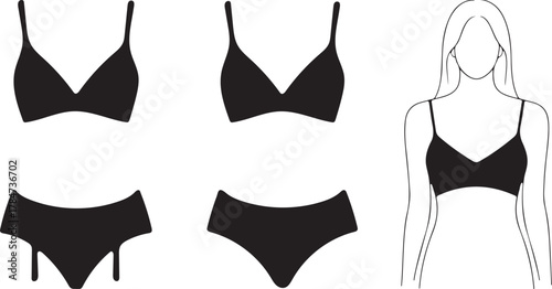 Collection of black lingerie pieces including bras panties and a garter belt with a sketch of a woman wearing lingerie