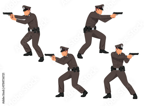 set of Thai police officer in dark khaki uniforms holding handguns action pose ready and aiming stances