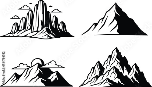 Collection of four distinct mountain range illustrations in black and white ink style