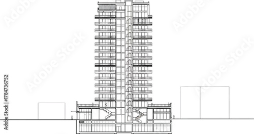 Detailed architectural drawing of a modern high rise residential building s cross section showing multiple floors and apartments