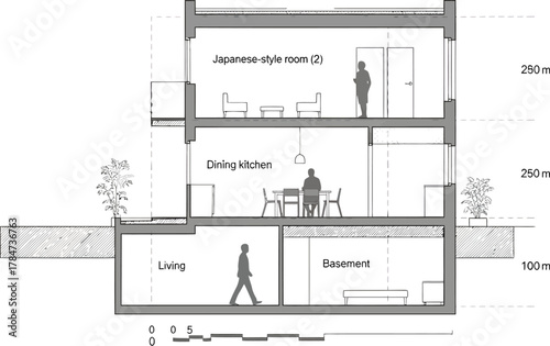 Architectural cross section drawing of a modern multi story building interior with furniture and human figure