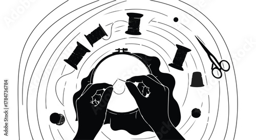 Hands meticulously embroidering a circular design with thread and needle, surrounded by spools and scissors.