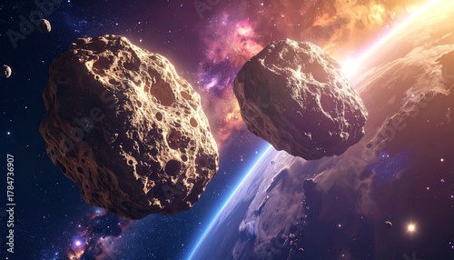 Fototapeta Naklejka Na Ścianę i Meble -  Two space rocks hover against a backdrop of a blue planet and colorful nebulae in the vastness of space