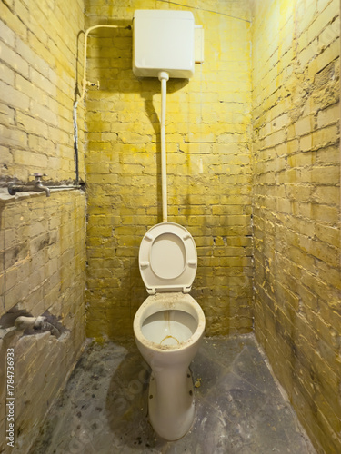 Old white toilet with high cistern in a small brick-walled restroom, stained and dusty, showing poor hygiene and need for renovation