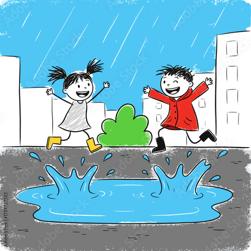 Two children splashing in puddles while playing in the rain in a child's doodle style