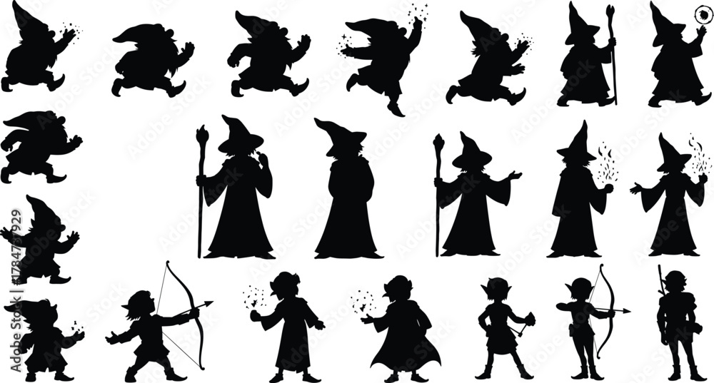 Obraz premium Fantasy character silhouette vector set, black wizard, archer, warrior icons, magical poses, dynamic stances, mythical figures, isolated on white background