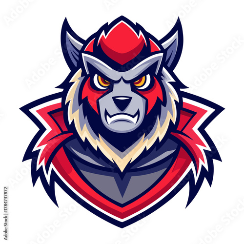 Fierce red and grey wolf mascot with intense eyes