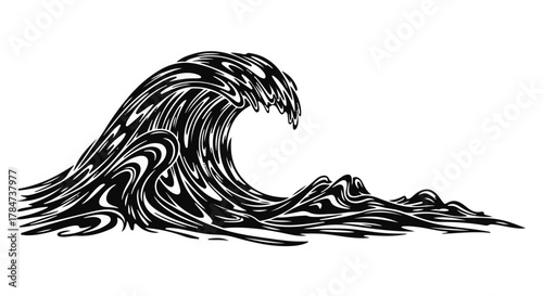 Powerful, stylized wave crashing with dynamic, swirling patterns