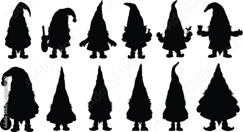 Gnome silhouette vector set, black whimsical characters, varied hats, beards, accessories, playful poses, fantasy design elements, isolated on white background