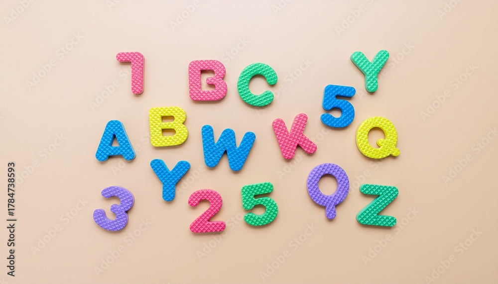 Fototapeta premium Colorful alphabet and number puzzle pieces for kids learning and play education concept