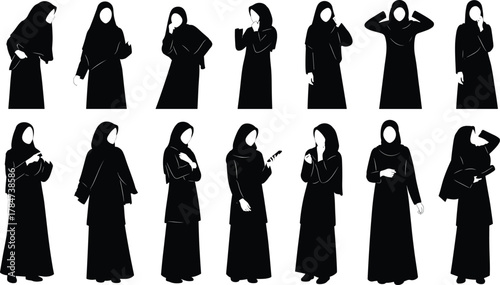 Robed figure silhouette vector set, expressive body gestures, cultural attire poses, character design elements, black icons, isolated on white background
