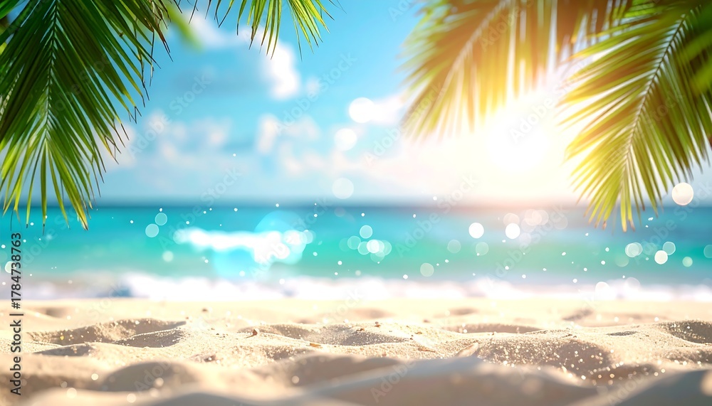 Obraz premium Tropical beach scene with palm fronds framing turquoise water and soft sand under a bright sun