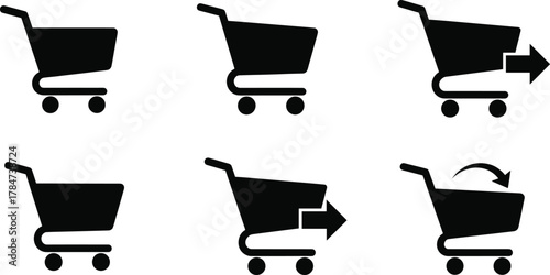 Shopping cart icon vector set, black silhouette collection, e-commerce action symbols, checkout and return arrows, minimal design, isolated on white background