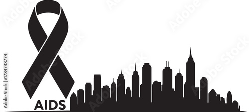 World aids day awareness red ribbon silhouette skyline cityscape symbol global health