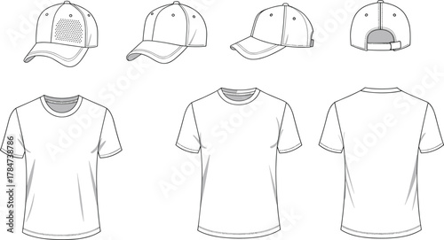 Blank t shirt and baseball cap mockup, front and back view, apparel template for clothing design, CAD drawing flat vector illustration.