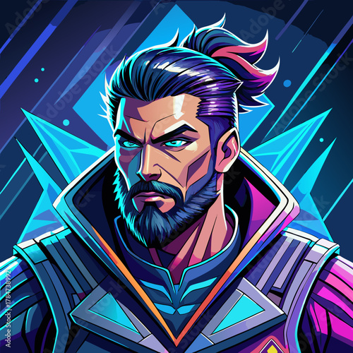 Cyberpunk warrior with glowing blue eyes and a ponytail