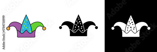 Jester hat – A colorful jester hat in purple, green, and blue with golden bells, symbolizing fun, laughter, and playful energy.