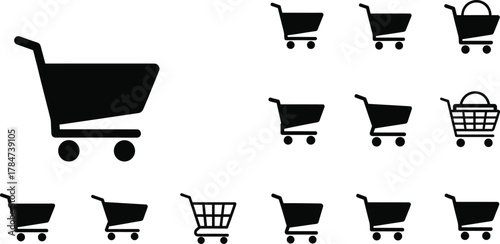 Shopping cart icon vector set, black silhouette collection, retail and e-commerce symbols, assorted basket styles, isolated on white, minimal design elements