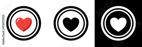 A clean circular icon with a heart at its center, presented in red, black, and white color themes, representing love, passion, and emotional connection.