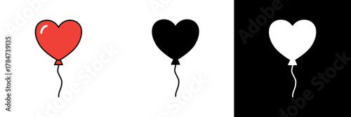 A red heart-shaped balloon floating on a string, shown in three versions: colored, black, and white, symbolizing joy, romance, and celebration.