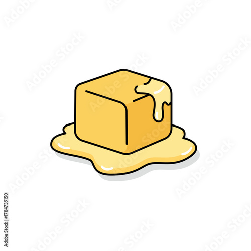 A melting cube of butter drawn in a simple cartoon style, with smooth yellow tones and soft shading that give it a warm and appetizing look.