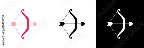 A minimalist bow and arrow design, displayed in three color versions: pink, black, and white, representing Cupid’s arrow and the idea of love at first sight.