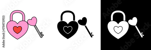 A cute illustration of a heart-shaped padlock with a matching key, shown in three color variations: pink, black, and white, symbolizing love and connection.