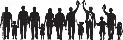 World aids day awareness family silhouettes raising red ribbons solidarity hope