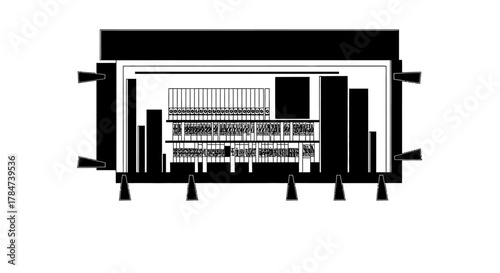Detailed architectural blueprint of a complex structure, black and white.