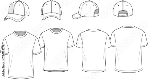 Blank t shirt and cap mockup, front and back view, apparel template for fashion design, CAD drawing flat vector illustration.