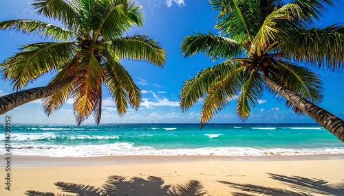 Fototapeta Naklejka Na Ścianę i Meble -  Tropical beach scene with palm trees, turquoise water, and white sand under a bright blue sky