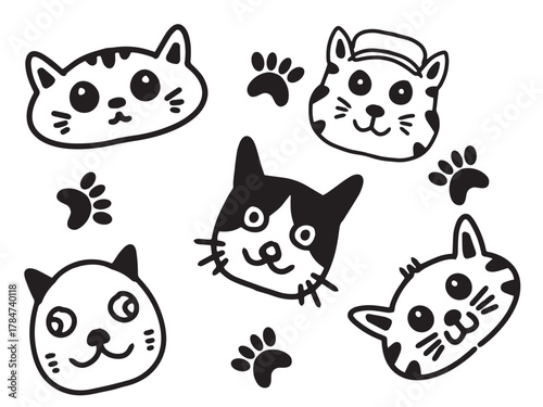 Adorable Cat Faces with Paw Prints Set