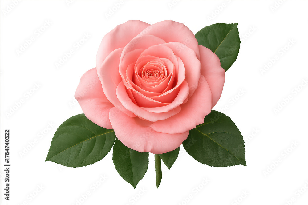 Fototapeta premium Pink rose blossom with green leaves symbolizing love and romance on a transparent background for design projects