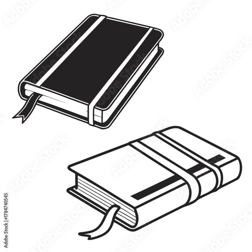 Two isometric notebooks with ribbons and elastic bands