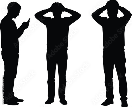 Silhouette of man using smartphone and reacting with stress or contemplation, isolated poses for emotional behavior and communication concepts