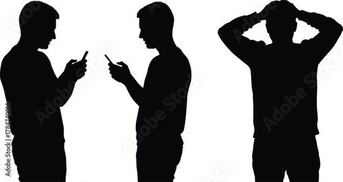 Silhouette man using smartphone and reacting with frustration, technology addiction, digital stress, mobile posture, emotional response, communication overload