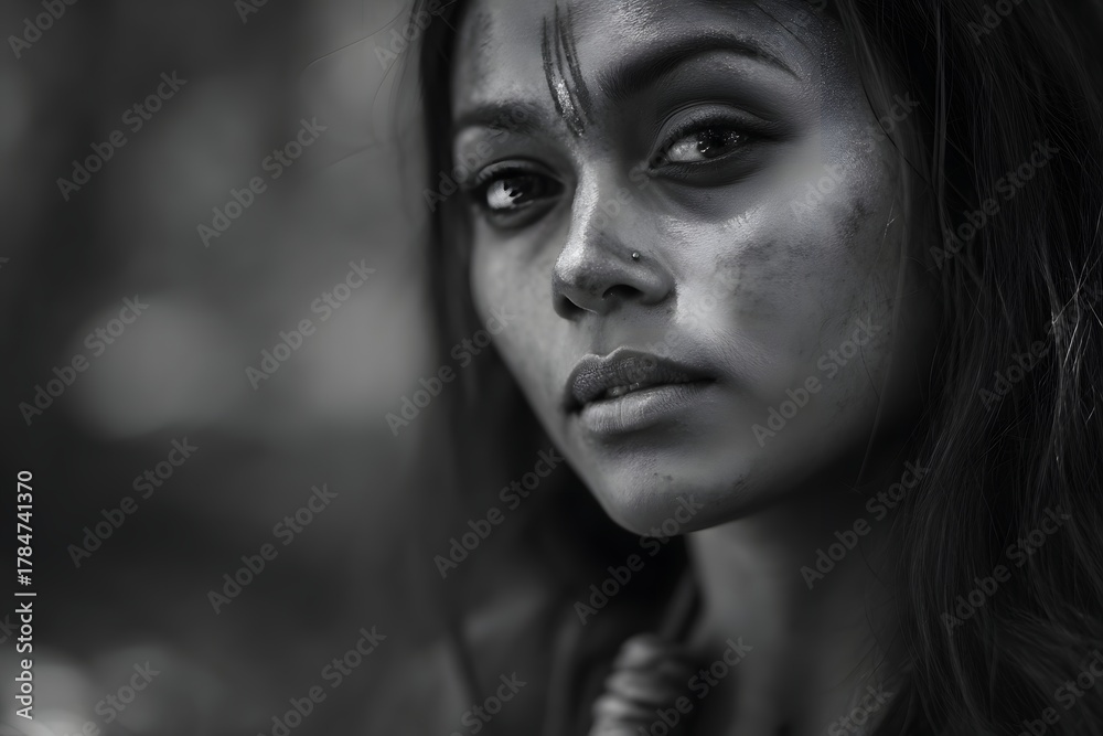 Fototapeta premium Dramatic black and white portrait of a woman with face paint and nose ring