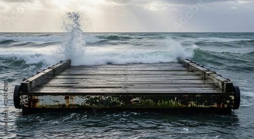 Fototapeta Naklejka Na Ścianę i Meble -  Wooden pier with crashing waves on a cloudy day at the sea