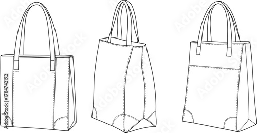 Tote bag design collection, front, side and back view, reusable shopping eco bag mockup, CAD drawing flat vector illustration.