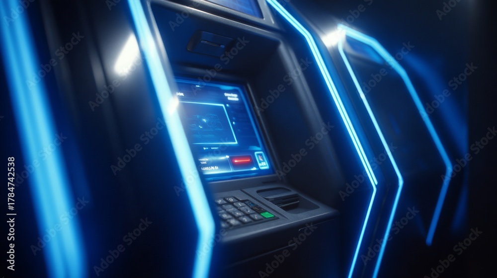 Fototapeta premium Futuristic ATM with Neon Lighting and High-Tech Interface in a Dark Environment