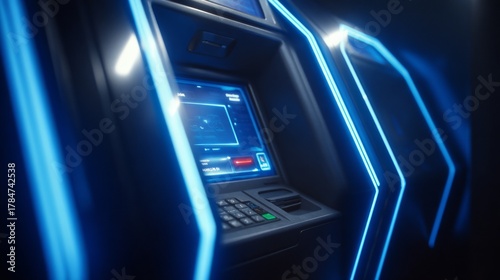 Futuristic ATM with Neon Lighting and High-Tech Interface in a Dark Environment