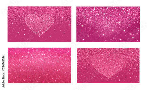 Set of Four Abstract Pink Glitter Backgrounds with Hearts and Sparkles