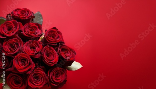 Bouquet Of Burgundy Roses On A Red Background With Copy Space