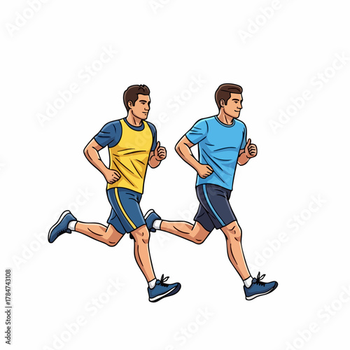 Illustration showcases running image, with two men jogging in athletic attire, symbolizing determination. Running image emphasizes physical fitness and active lifestyle,